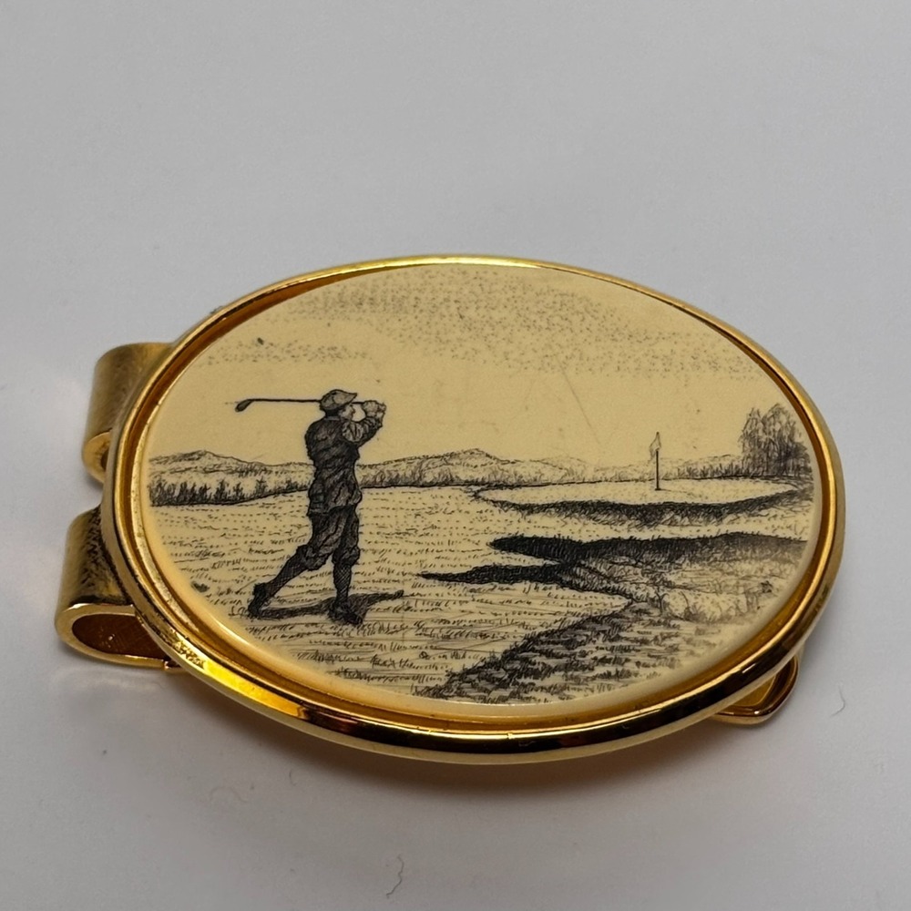 Vintage Barlow Golfer Pen or Money Clip Scrimshaw Etches Signed